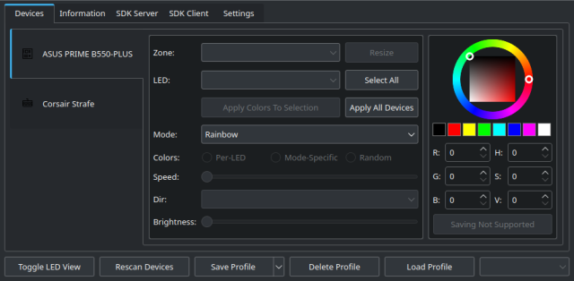 OpenRGB software showing a rainbow mode picked for the LEDs