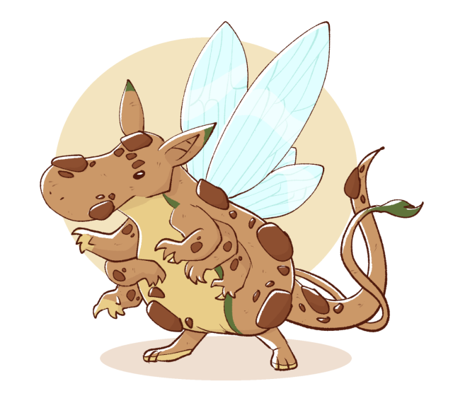 A drawing of a fictional species called a "Wooble" that resembles a small mammal with rocky skin, six arms, four wings and two tails. This rendition looks like a Moomin with rocky patches with insect wings and multiple arms and tail. They are a sandy brown with dark brown rock patches with a stripe of green in the middle, on the tips of the ears, and end of one of the tails.