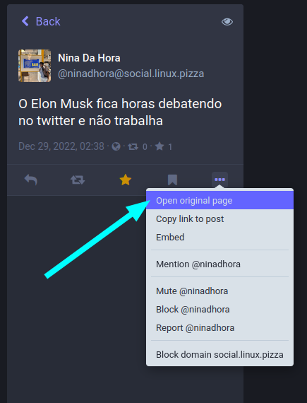 A post in Mastodon's advanced interface. There are no replies to the post. The "three button" menu is open, and the "Open Original Page" option is highlighted.