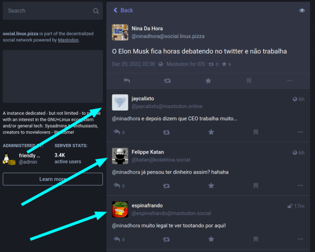 The same post from the other picture, now seen in the webpage of the original server. Here you can see three replies to the post.