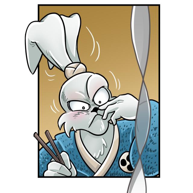 Miyamoto Usagi, a rabbit samurai, drawn with clear cartoony lines.
He holds chopsticks, but some smoke from beneath seems to be bothering him...