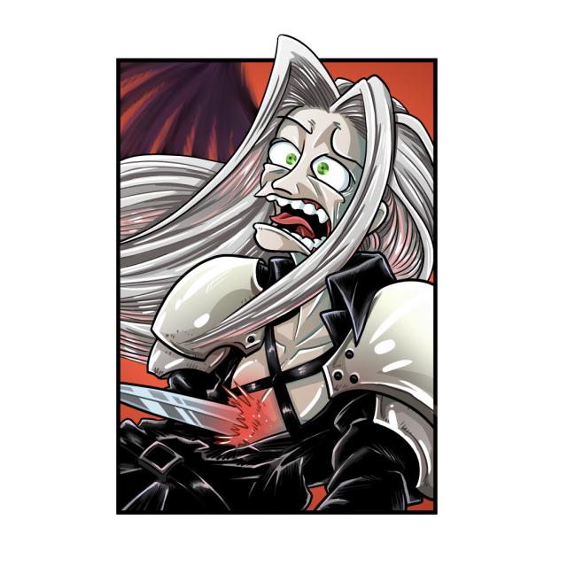 Sephiroth from FF7 having a look of disbelief in his eyes as he gets stabbed through the stommach by a blade.
But who's stabbing him?