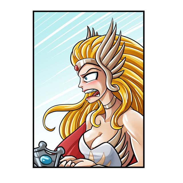 She-ra, the Princess of Power, seems to yell something in anger as she stabs at something with her blade.
If we saw the last image, we know she's stabbing Sephiroth over in the next panel.