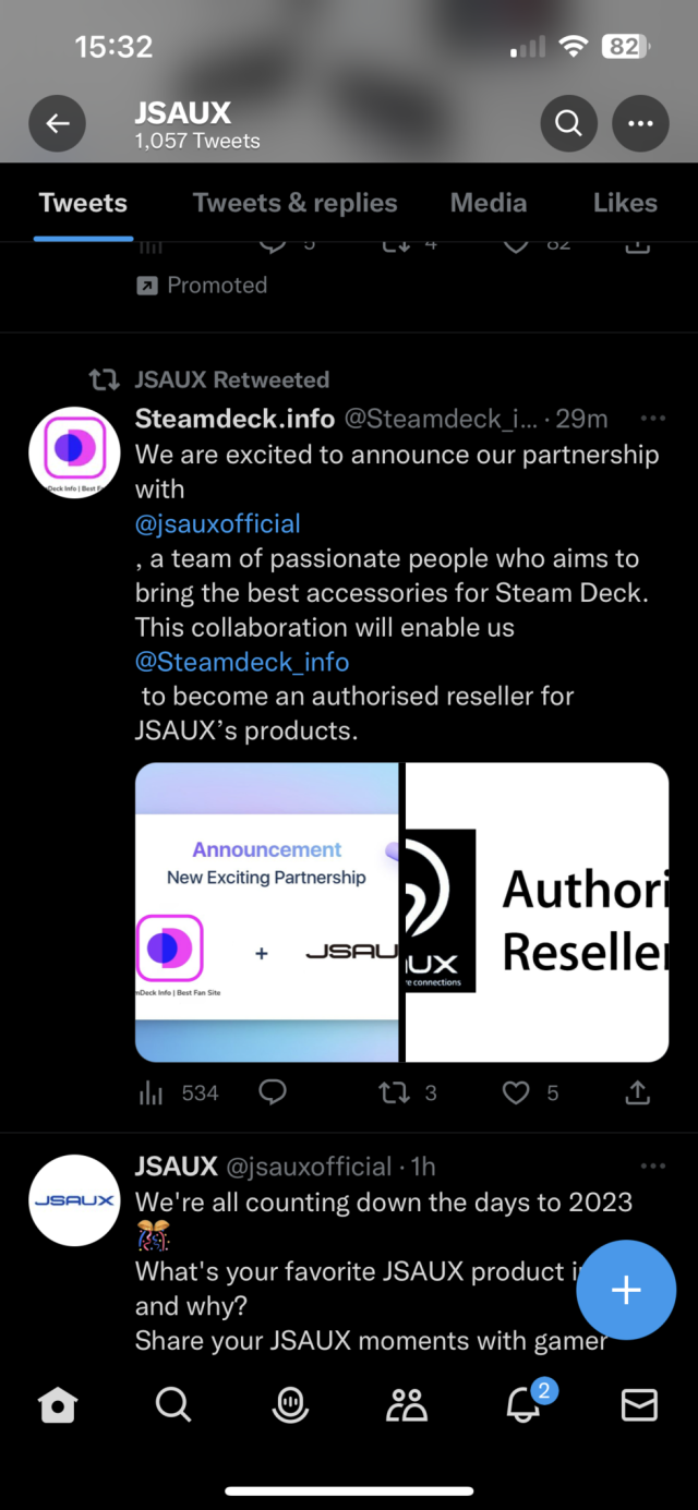 Jsaux retweeting their partnership with steamdeck.info