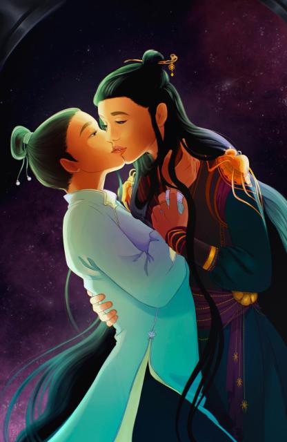 Art of two women of Vietnamese descent kissing: one of them is wearing a mint blue ao dai and has a tight topknot, the other one is wearing dark burgundy, and her topknot is loose with flowing dark hair. They are against a background of stars. It all oozes lesbian tension.
