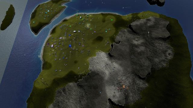 A zoomed-out view of a base, and a battle happening in the middle