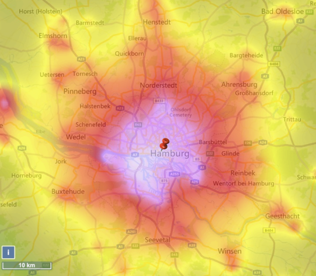 Light pollution map of Hamburg, Germany, has a much smaller bright center