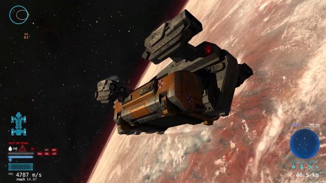 A screenshot of Flight Of Nova, showing a big spaceship above a planet