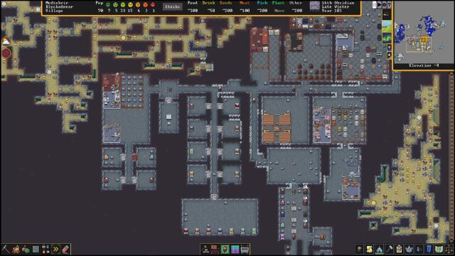 Dwarf Fortress showing a busy colony