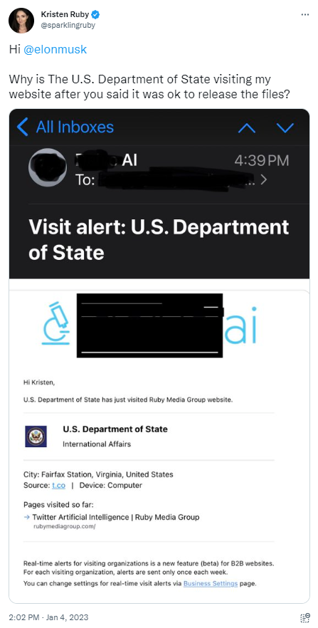 Tweet by Kristen Ruby showing a screenshot of an email with a "visit alert" (no idea what that is) saying that someone from the US Dept of State visited her website.

The tweet says:  Hi 
@elonmusk
 

Why is The U.S. Department of State visiting my website after you said it was ok to release the files?