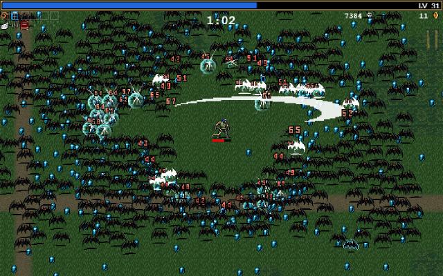 screenshot of vampire survivors, character being swarmed by bats