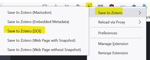 The Save to Zotero button in a browser showing the highlighted steps to add items by DOI: 
1. Right-click (shift+F10) the save to Zotero button
2. Expand the "Save to Zotero" context menu
3. Select "Save to Zotero (DOI)"