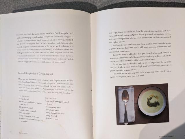 A recipe for fennel soup with a green swirl. You cook 3 bulbs of fennel in oil with some garlic and onions, then add a bunch of broth and a little rice, cook til very soft, and blend (the rice adds creamy bodiness to the soup). You add a swirl of a sort of pesto on the top of each bowl made with fennel fronds, basil, parsley, scallions, and oil. Salt to taste throughout. Very good.