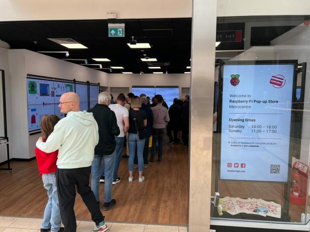 A queue of people waiting to get in to the Raspberry Pi pop up store at Metrocentre last year. From the Raspberry Pi Store pop-up tour article.