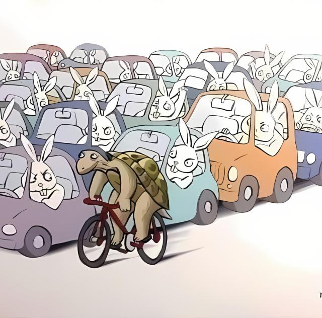 An illustration of turtle on bicycle passing several cars driven by angry rabbits stuck in traffic.