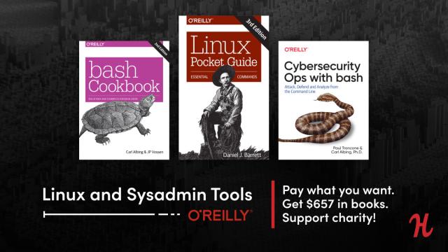 humble book bundle showing bash cookbook, linux pocket guide and cybersecurity ops with bash books