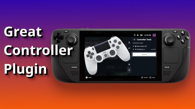 "Great Controller Plugin" showing a PS4 controller with a Steam Deck and the Controller Tools menu