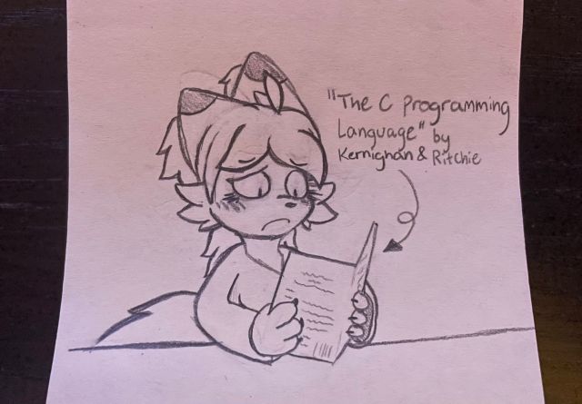 sketch of my fursona reading the K&R C book. she has a mildly perturbed and worried expression on her face.