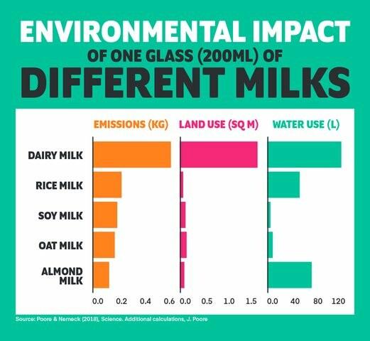 Environmental impact of a glass of different mills. Cows milk is by far the worst for all aspects - emissions, land use, water use