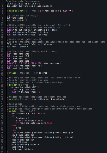 Screenshot of the Forth source code mentioned in the toot (also available in the linked GitHub repo)