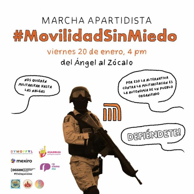 Flyer calling for a march on Friday, January 20 at 4pm from the Ángel to the Zócalo against the militarization of the metro.