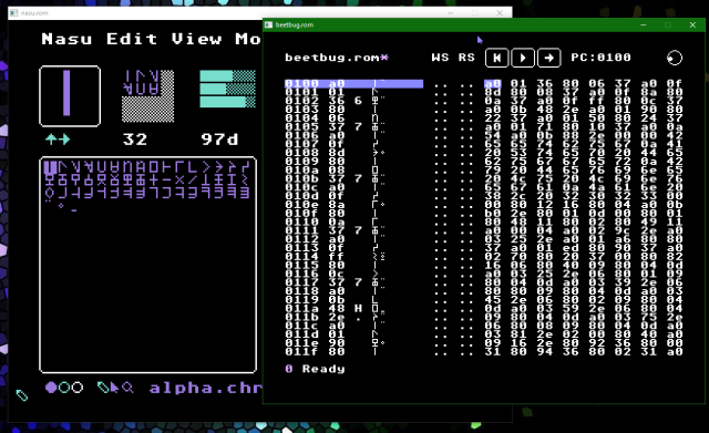 A screenshot of the uxntal alphabet in Nasu and the same font being used inside the Beetbug uxn debugger for instructions.