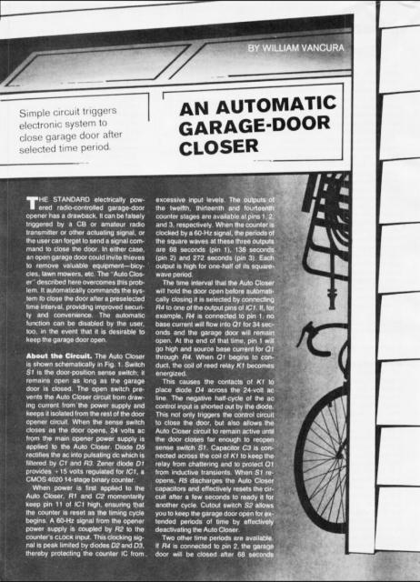 Page 1 of a 1982 Popular Electronics article on building an automatic garage door closer. 