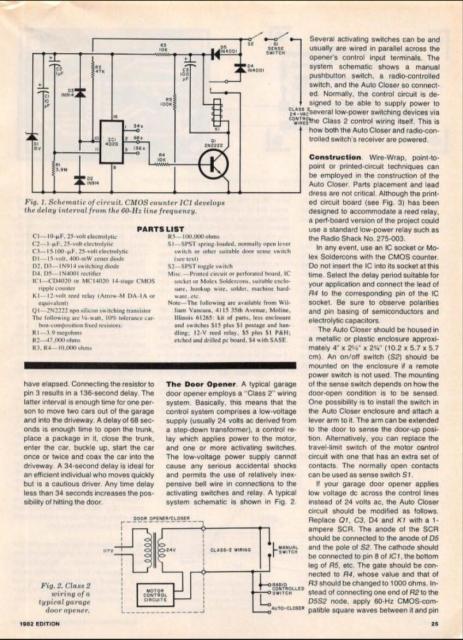 Page 2 of a 1982 Popular Electronics article on building an automatic garage door closer. 