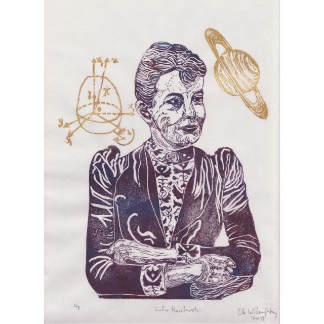 Linocut portrait of Sofia Kovalevski in burgundy surrounded by Saturn and a diagram about the rotation of irregular solids in gold ink.