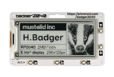 3 D e-ink display lapel name badge with a badger photo, the name H. Badger and technical info about the display resolution and size. 