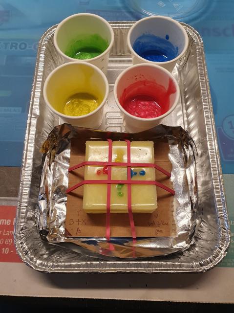 The silicone mold, just freshly filled with resin in four colours, green, blue, yellow and green, to correspond to the common button colouring on Xbox and Steam controllers. Also visible are four tiny paper cups containing the used resin. All of this sits inside an aluminium tray.