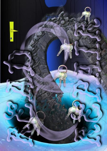 A grey, stone archway is falling into a blue/lilac portal. Sets of keys are being dragged in too, in the background you can spot a door knob. Overlayed in bubbly, transparent letters is the name of the event series, Read & Repair.