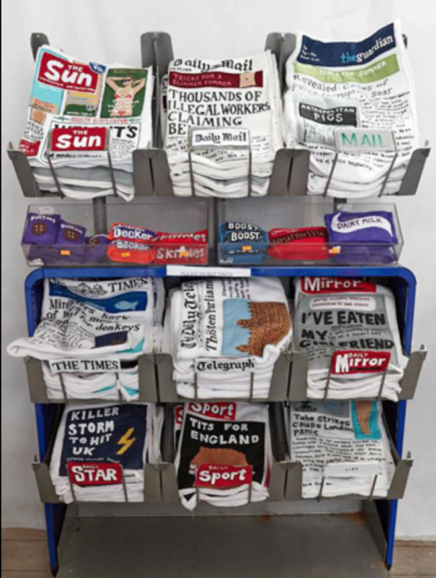 A supermarket art installation...filled with handmade felt newspapers!
