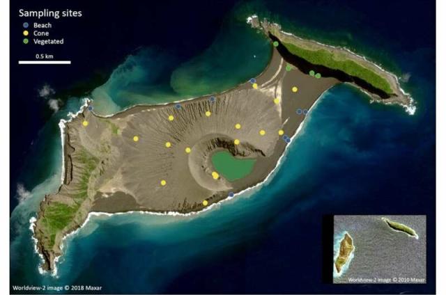 The island of Hunga Tonga Hunga Ha’apai, Kingdom of Tonga. The locations of the 32 surfaces where samples were collected are shown. The background image is from 19 August 2018 and is orthorectified. The inset image displays the islands of Hunga Ha’apai (west) and Hunga Tonga (east) on 11 September 2010, prior to the 2014–2015 eruption. Worldview-2 image © 2010, 2018 Maxar.