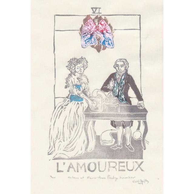 Portrait of Antoine and Marie-Anne Lavoisier at a table surrounded by glassware for chemistry. A vertical rectangular linocut print on cream coloured washi (posted as square with white around it to fill space) printed largely in silver to look like a  tarot card with numeral ‘VI’ on top and words ‘L’AMOUREUX’ at the bottom. Her sash is pale blue. His vest is a flowered pattern on pale blue and his jacket is brown. Above them is a flaming lungs in pink, with red and blue blood vessels surrounded with dark orange flames.