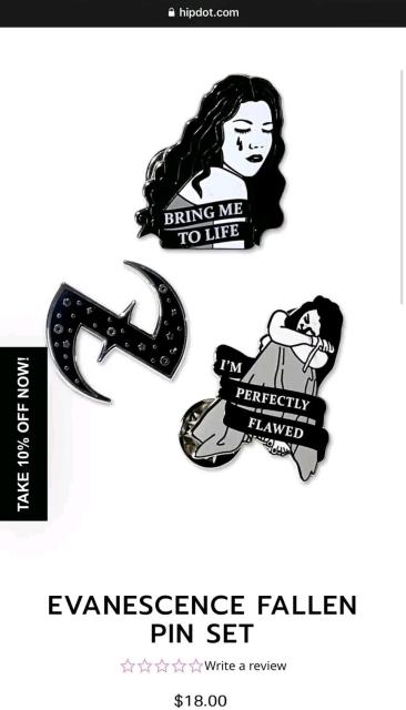Three pins for Evanescence, black pin with stars looks very similar to pin designed by NauriaqDesigns 