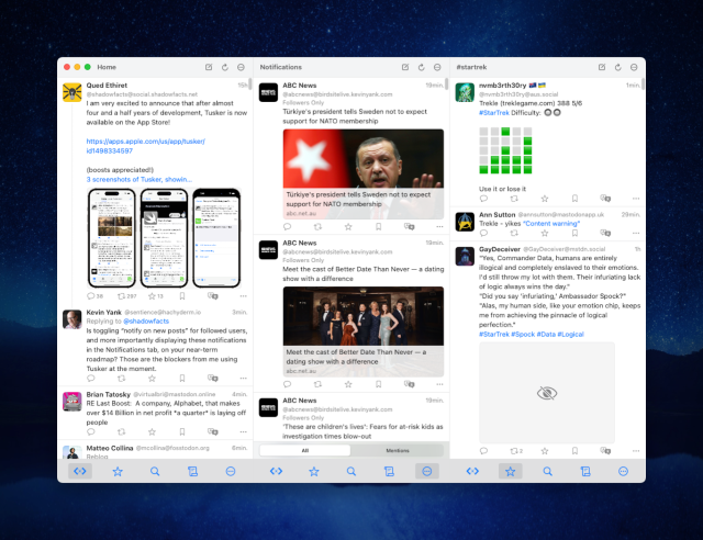 Screenshot of Mona beta with three columns: Home, Notifications, and #startrek