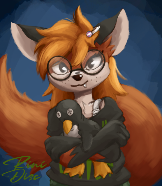 Xenia the Linux fox holding a plushie of tux