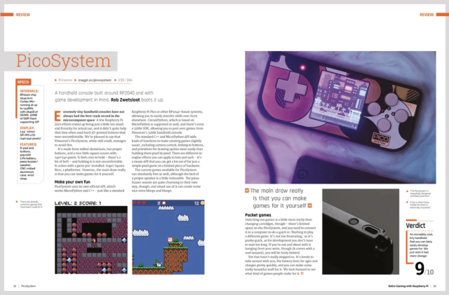 A double page spread explaining the Pico System handheld gaming device