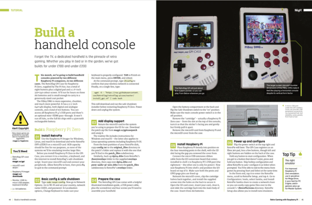 A double page spread showing you how to build a handheld console that looks like a Game Boy