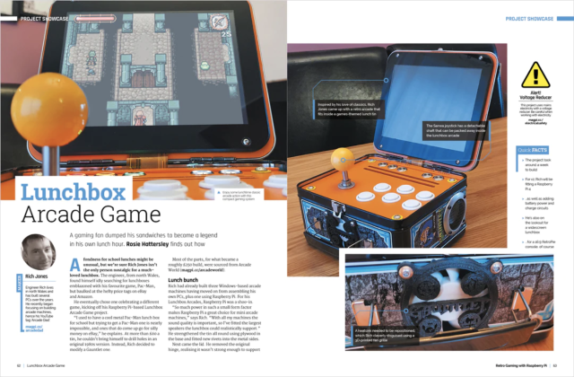 A double page spread showing you how to build a retro arcade game inside a lunchbox tin