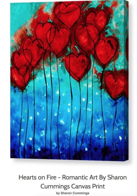 Colorful red hearts with blue background painting for Valentine's Day or romantic gift by artist Sharon Cummings.