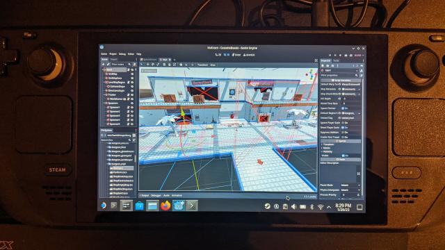 Photograph of a Steam Deck running the Godot editor.