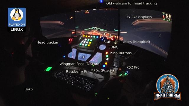 Three monitors form a wall around a cardboard box that embeds a fourth monitor, many buttons and switches in various colours are also implemented. Some LED display the status of a spaceship. The computer game that is played with this contraption is Elite Dangerous Odyssey. An IR head tracker and a HOTAS are also in use.