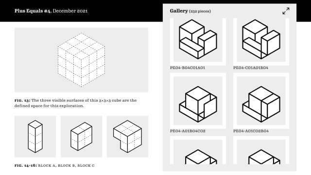 Plus Equals #4, showing a gallery of black and white illustrations using isometric projection