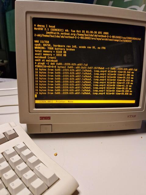 A more readable view of the VAX-11/750 NetBSD showing an IPv6 ping running.