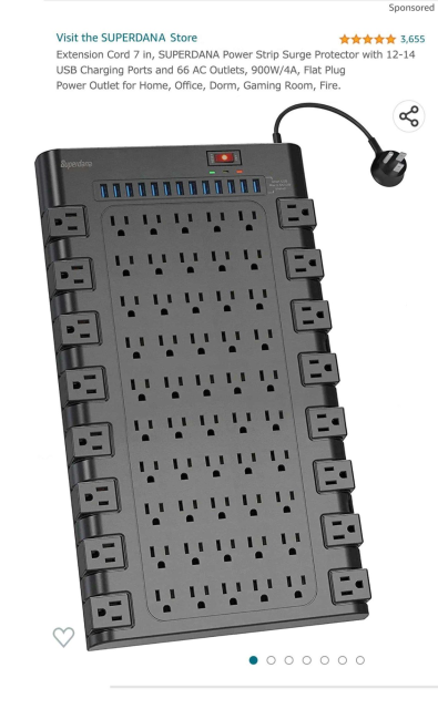 An unsettling image of what looks like it might be an ordinary power strip. However, this is a photoshopped picture of an Amazon Sponsored product listing for a SUPERDANA Power Strip Surge Protector with 12-14 USB charging ports and 66 AC outlets. The majority of the "product" is a grid of USA style AC sockets. A comically short 7 inch extension cord is attached to one corner. The product listing says it's for Home, Office, Dorm, Gaming Room, [and] Fire. Indeed, using this would be very likely to cause a fire.