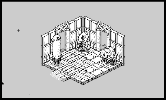 a screenshot of the Uxn pixel art version of Oquonie, featuring a sauropod-like creature with a suit, another feathery creature eating noodles while sitting on a mat, and yet another strange creature playing a vinyl by spinning it on the end of its nose.