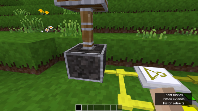 A screenshot of Minetest Game showing a piston attached to a mesecon clock. There are subtitles in the bottom-right corner that read:
Plant rustles
Piston extends
Piston retracts
