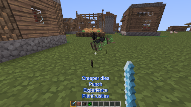 A screenshot of MineClone where a creeper has just been killed. There are subtitles at the bottom of the screen which read:
Creeper dies
Punch
Experience
Plant rustles